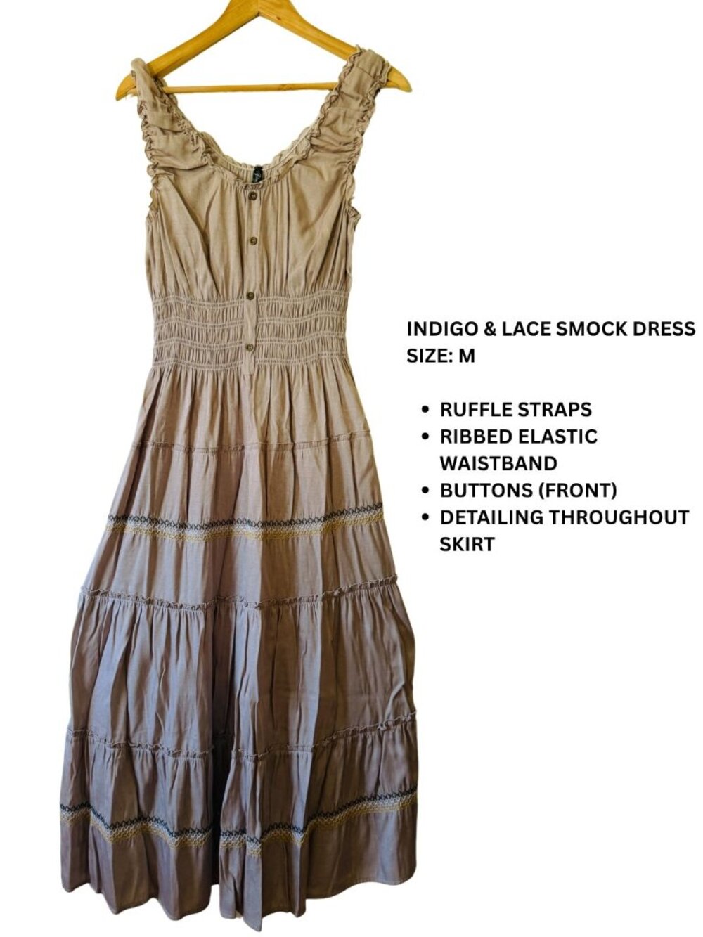 Indigo & Lace Taupe Smocked Tiered Maxi Dress, Size Medium